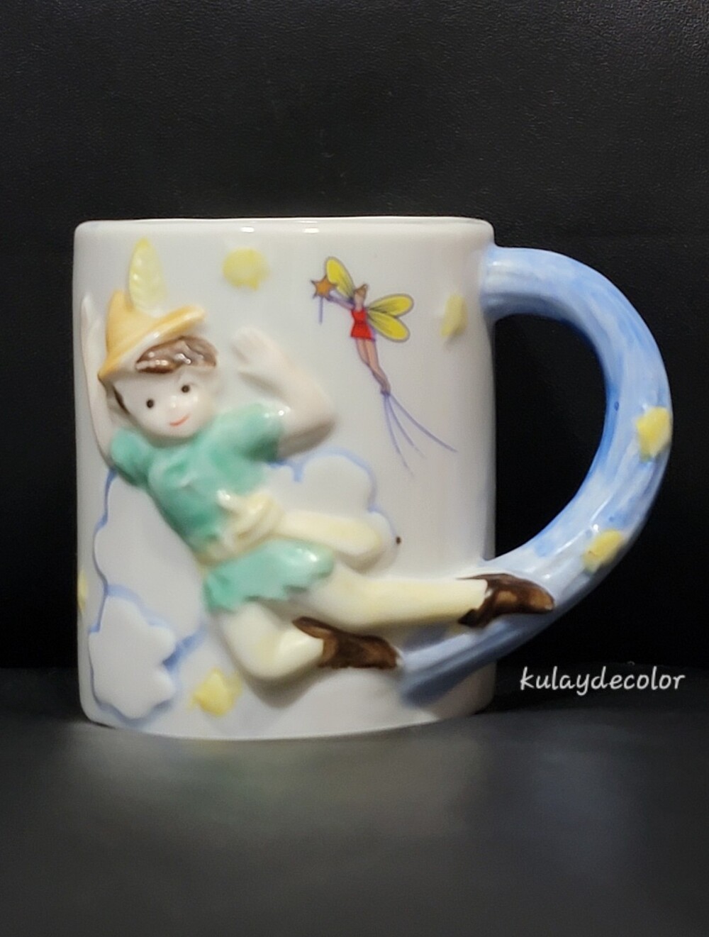 Vintage Disney Peter Pan Espresso Cup 3D Embossed Ceramic Mug Taiwan J.S.N.Y.